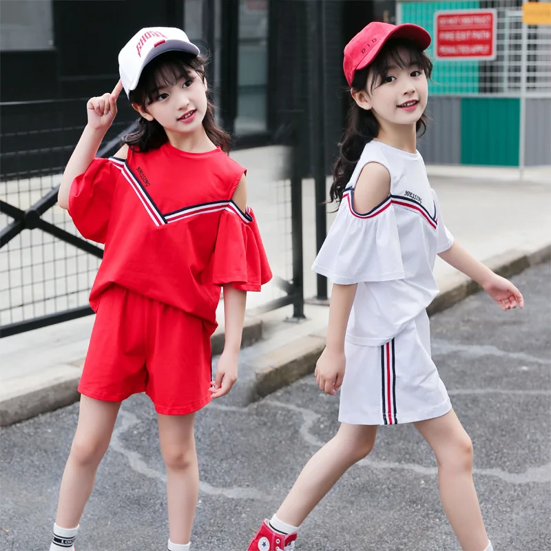 Girls Summer Children's Fashion Sports Suits Teenage Clothing Set Cotton Short Sleeve Shorts Two-piece Tracksuit 4-13Years | Детская