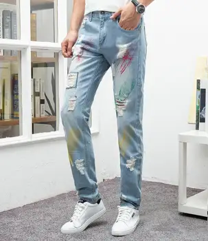 

2019 Brand jeans men ripped Japanese style distressed hold printed skinng slim fit homme denim trousers plus size 29-38 pants