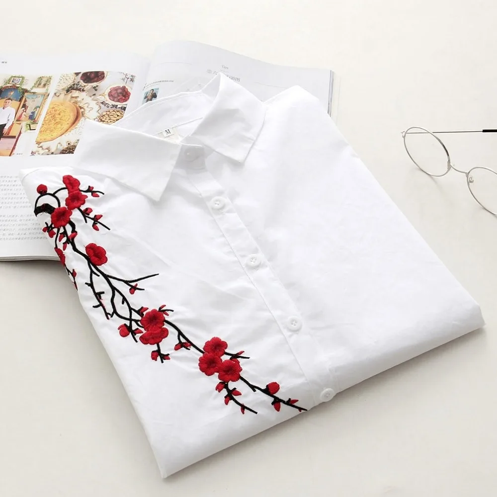 Dioufond flower embroidery shirts women blouses long sleeve white tops Dioufond flower embroidery shirts women blouses long sleeve white tops