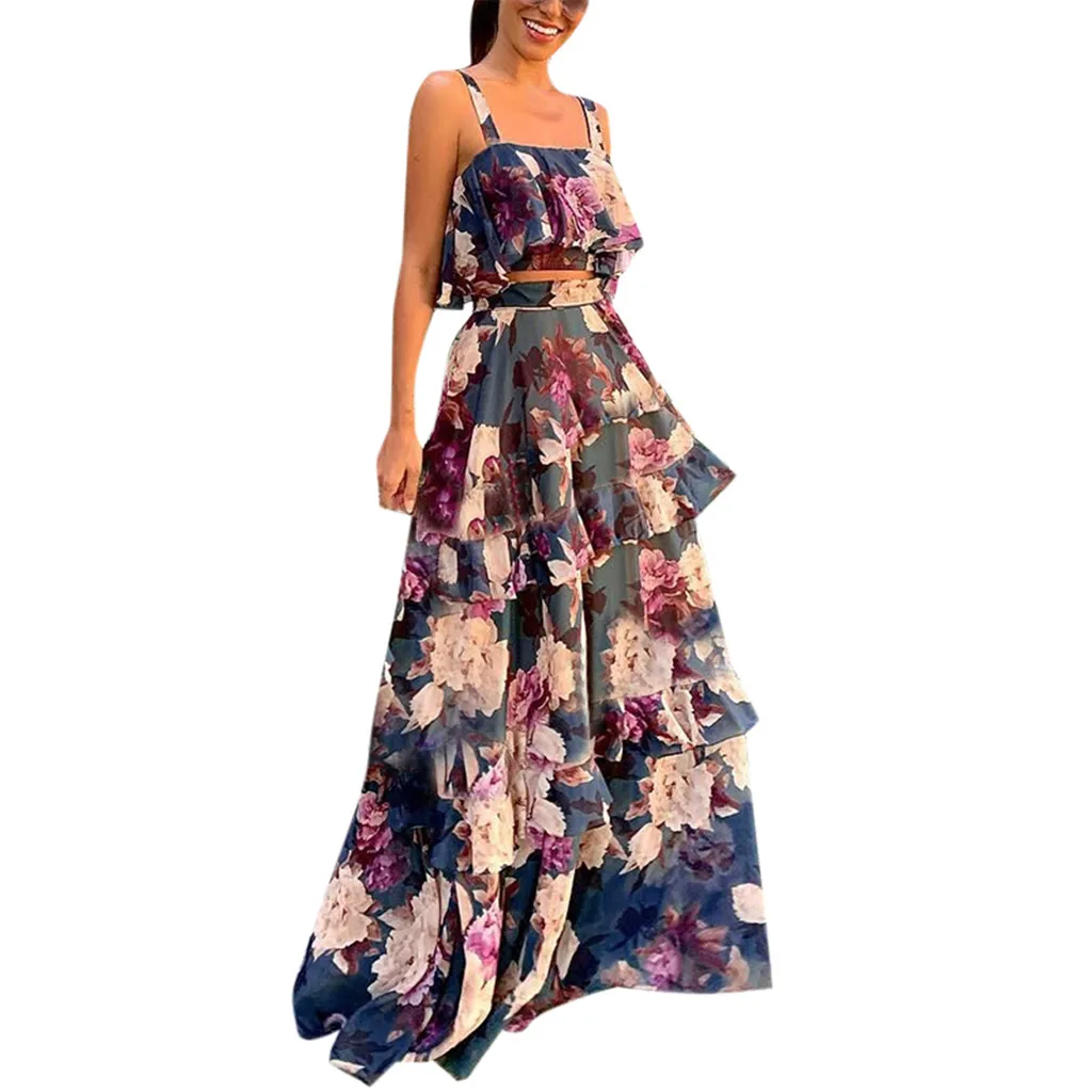 

Bohemia Beach Two-Piece Outfit summer Sexy Women double Ruffles Floral Print crop Top and High Waist Long Skirt suits 2 pc/set