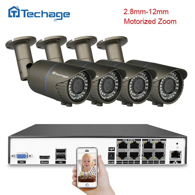 Acheter Techage H.265 4MP POE CCTV Système de Sécurité 8CH POE NVR 2.8mm 12mm Motorisé Zoom Caméra IP vidéo Surveillance Système Ensemble