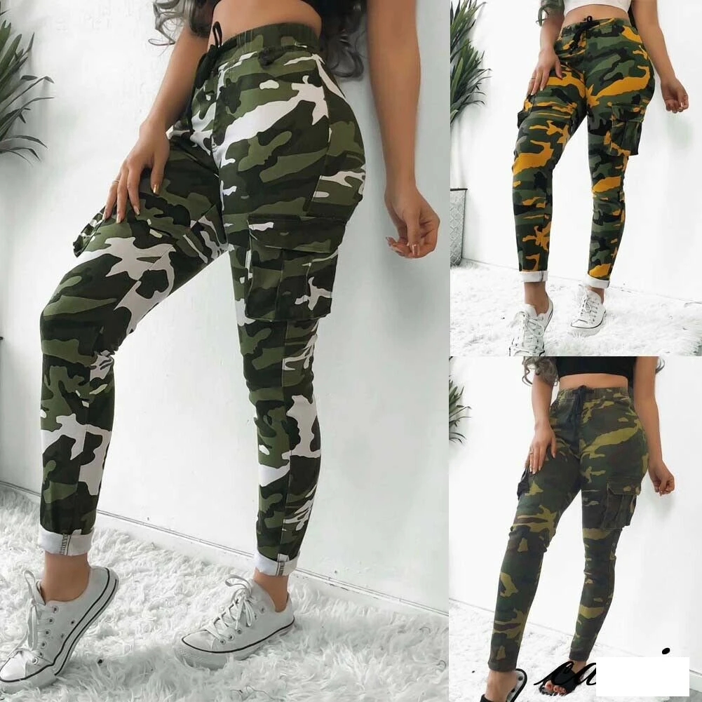

Womens Plus Size Joggers Stretch Drawsting Army Camouflage Skinny Side Pockets Cargo Pants