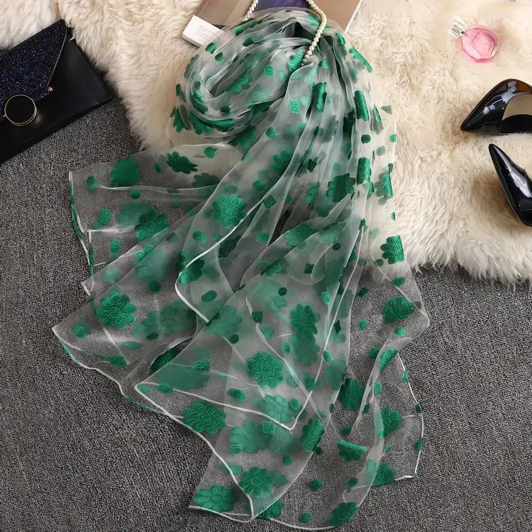 Женская легкая шаль из органзы имитированный длинный шелковый шарф мягкий цветочный пляжный шарф хиджабы для мусульманских женщин AA10202 - Цвет: AA10202 green