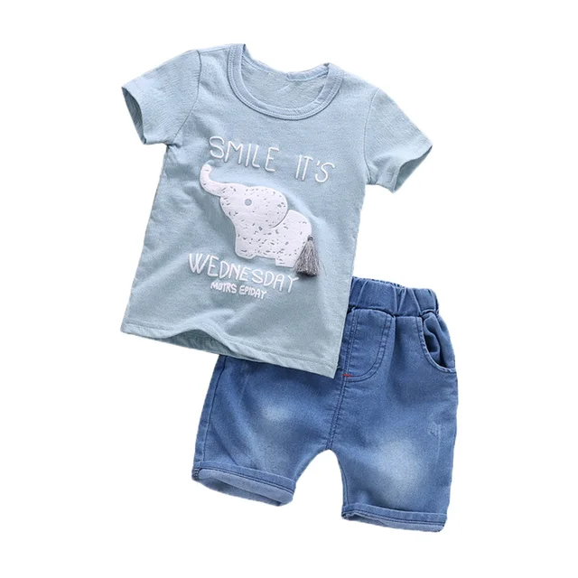 Newborn bay boy summer clothes sets cartoon t-shirt top jeans Shorts outfit 1