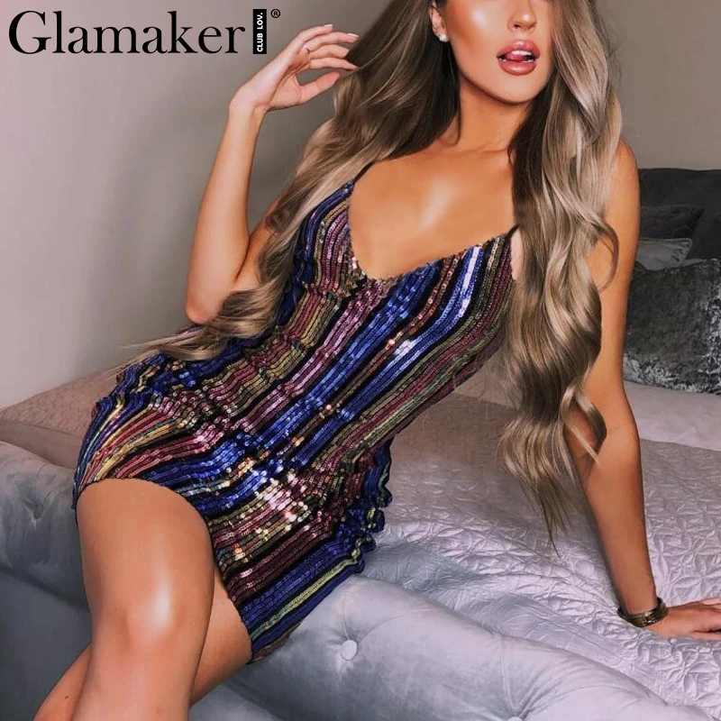 Glamaker Полосатое блестящее сексуальное облегающее платье женское летнее мини-платье без рукавов с v-образным вырезом элегантное короткое
