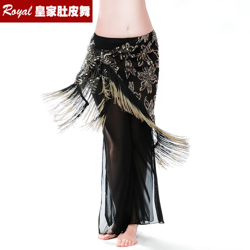 Free shipping New design embroidery bellydance hip scarf with Dual color tassels Hip Scarves Bellydance fringe shawl Belt 9755