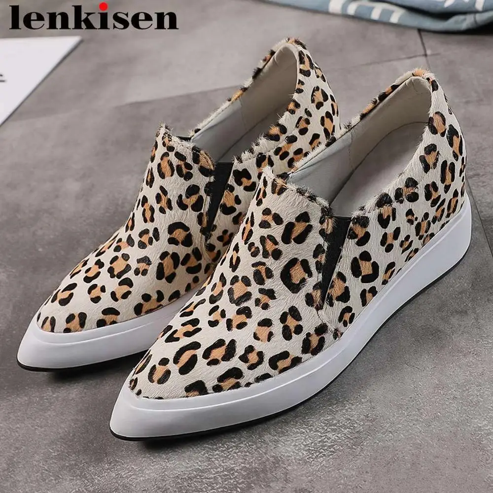

Lenkisen luxury leopard horsehair pointed toe slip on loafers plus size super high heels platform vintage vulcanized shoes L19