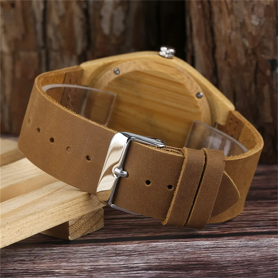 Casual Minimalist Growth Ring Pattern Bamboo Men Quartz Wrist Watch Nature Wood Genuine Leather Band Strap Sport Gifts (5)