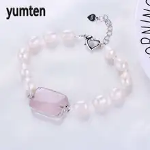 Yumten, Пресноводный Жемчуг, женский браслет, пара ювелирных изделий, розовый КВАРЦЕВЫЙ хрустальный камень, серебряный зажим-сердце, популярная спортивная принадлежность