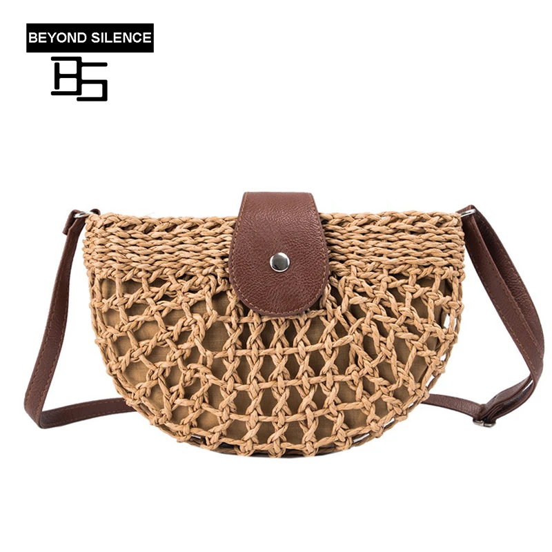 

New Crossbody Bags for Women 2019 Fashion Hollow Messenger Straw Shoulder Bags Handmade Beach Rattan Saddle with Zipper and Hisp