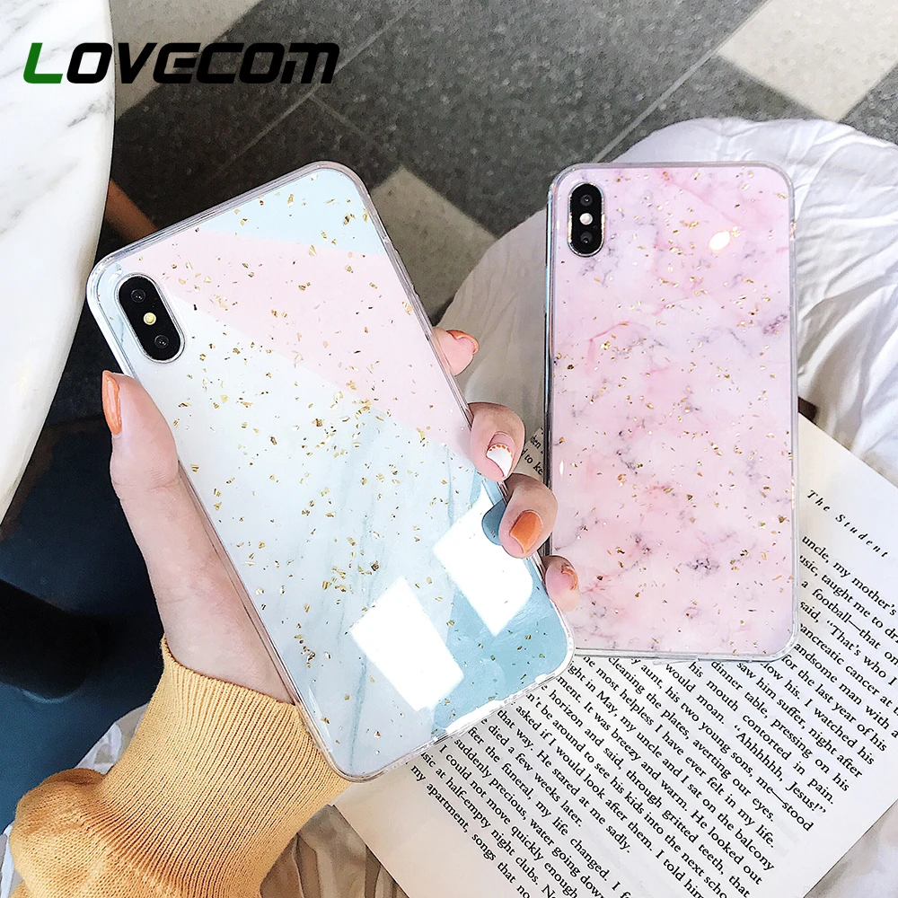 

LOVECOM Luxury Gold Powder Splicing Marble Cases For iPhone XS Max XR X 6 6S 7 8 Plus Shockproof Soft Epoxy Phone Back Cover