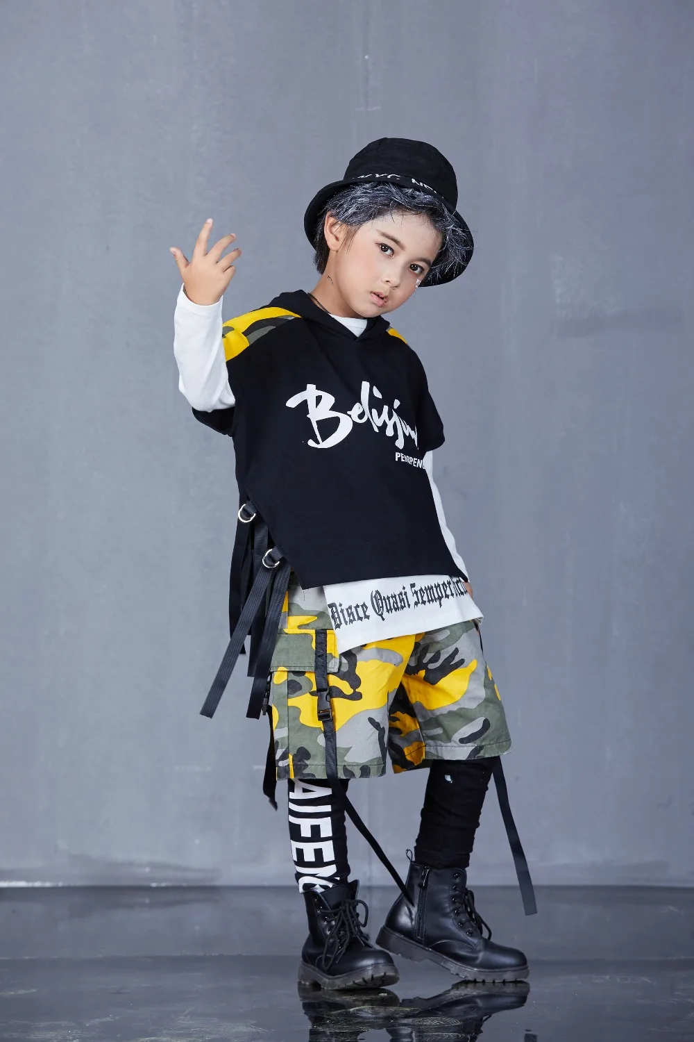 Spring Autumn Boys Girls Street Dance Clothes Suit Children's Fashion Print Performance Tracksuit Kid Hip-Hop Sportswear Outfit (64)