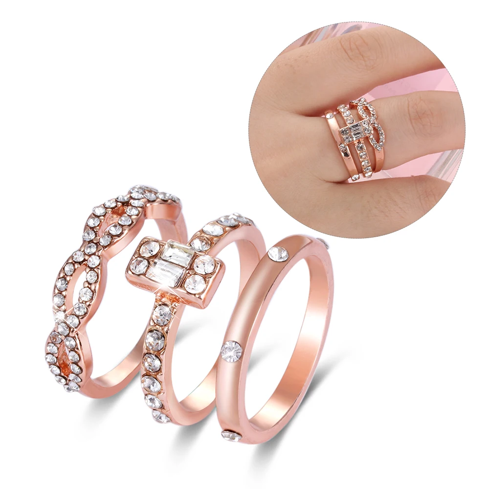 

3PCS/Set Fashion Geometry Intersect Crystal Rings Set For Women Girls Engagement Wedding Rings Female Party Jewelry Gifts