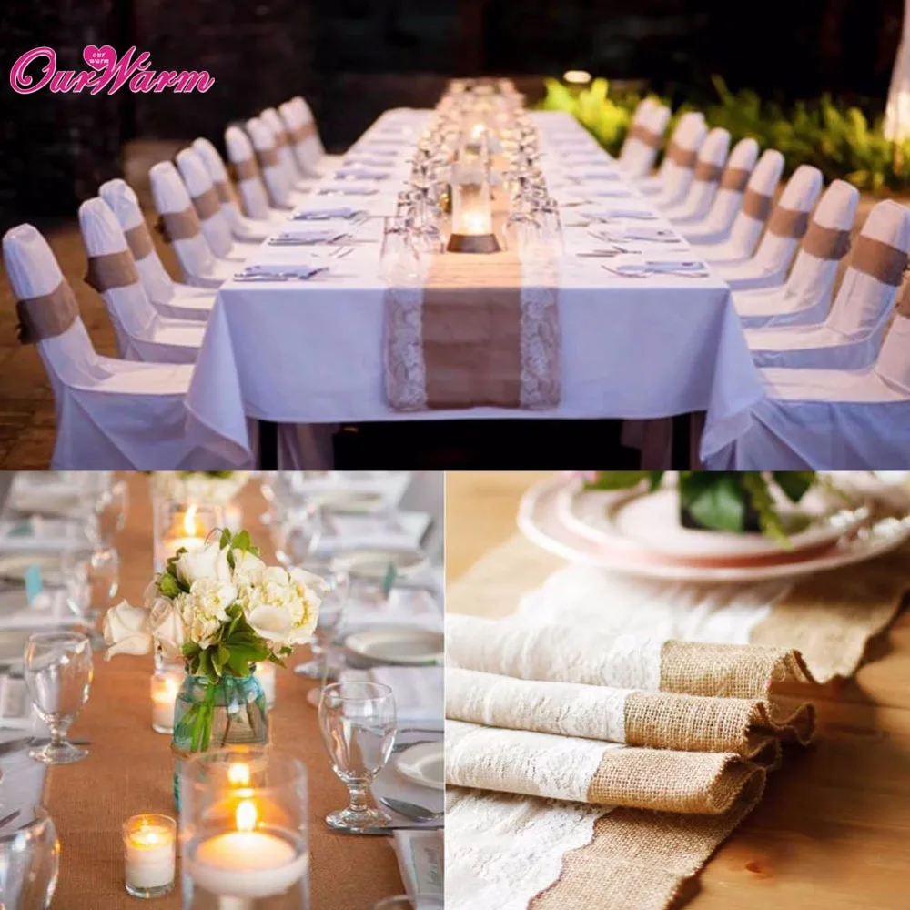 10pcs Wedding Table Runners Vintage Natural Burlap Lace Hessian
