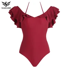 NAKIAEOI, новинка, сдельный купальник, женский купальник, летний, сексуальный, с рюшами, винтажный, купальный костюм, открытая спина, Одноцветный, боди, пляжная одежда