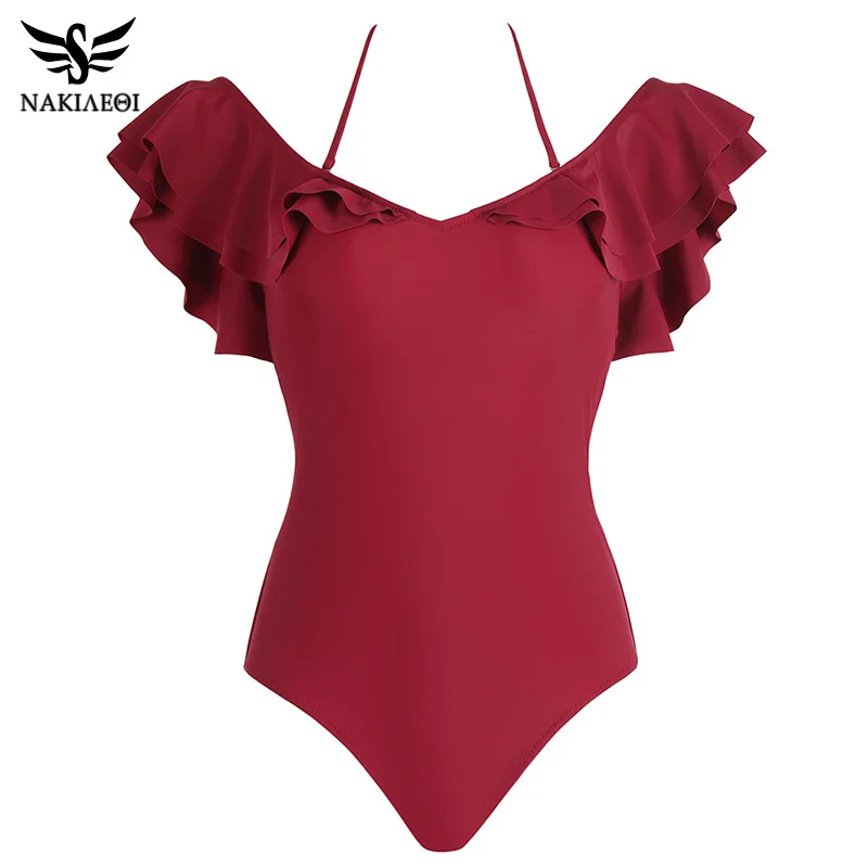 

NAKIAEOI 2018 New One Piece Swimsuit Women Swimwear Summer Sexy Ruffle Vintage Bathing Suit Backless Solid Bodysuit Beach Wear