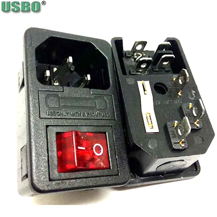 

High quality black IEC320 C14 C13 10A 250V 4 pins UPS PDU Outlet with fuse holder AC Power Socket with red on-off rocker switch