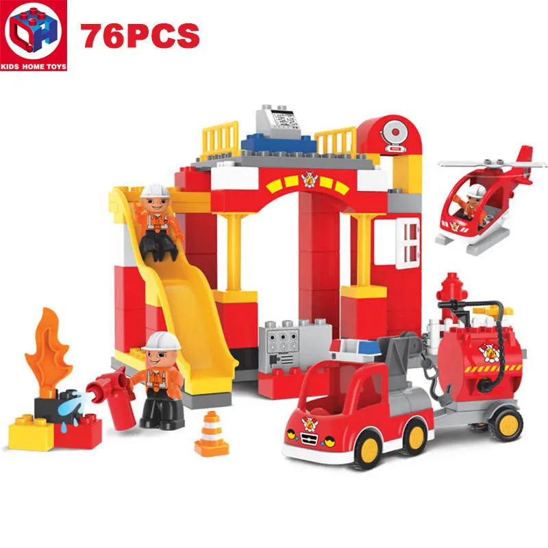 Детские домашние игрушки, городская пожарная станция, пожарная машина Duploe, большие размеры, строительные блоки, фигурки пожарных, совместимы с большими частицами Duploe