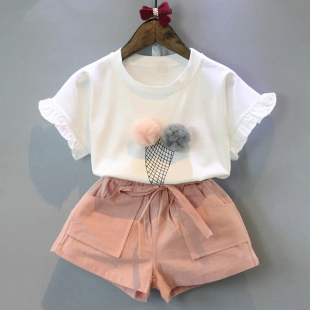 Комплект летней одежды для девочек, детская повседневная одежда с цветочным рисунком футболка с короткими рукавами и круглым вырезом и однотонные шорты Одежда для маленьких девочек и мальчиков