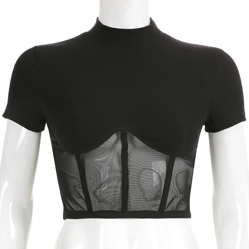 Женские модные рубашки, черные сетчатые Лоскутные прозрачные вечерние Блузы с высоким воротом и коротким рукавом, женские топы