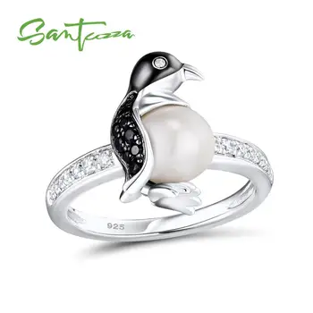 

SANTUZZA Silver Penguin Pearl Ring For Women 925 Sterling Silver Trendy Fashion Rings for Women Cubic Zirconia Ringen Jewelry