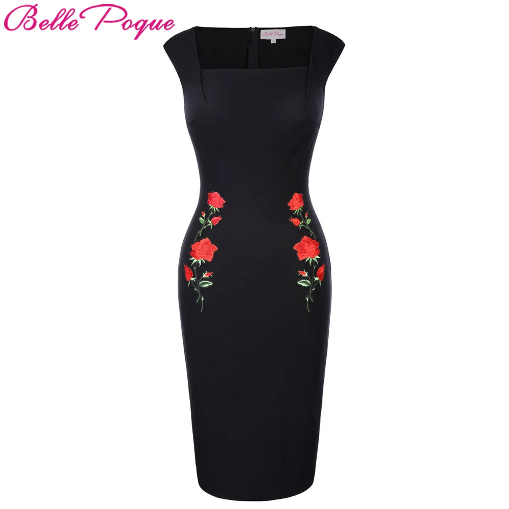 

Belle Poque Elegant Rose Embroidery Slim Tunic Women Retro Vintage Office Sheath Bodycon Pencil Dress Summer Casual Party Dress