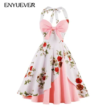 

Enyuever Halter Rockabilly Party Dress Plus Size 2019 Cotton Floral Print Blue Pink Robe Pin Up Retro Vintage Dresses 50s 60s