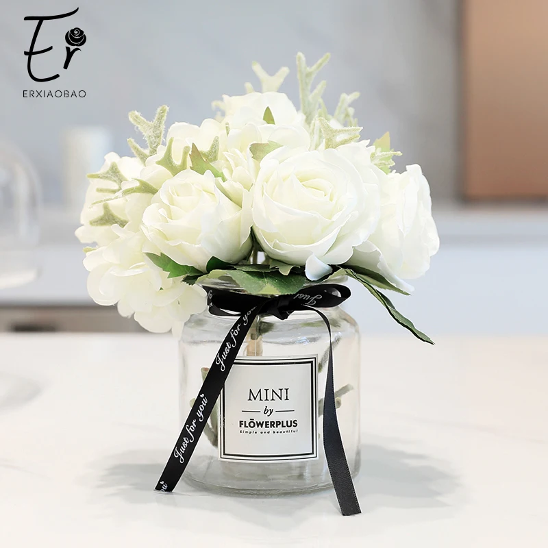 

Erxiaobao Romantic Artificial Flowers Rose Bouquet Plastic Fake Flower Arrangement Silk Wedding Flower Indoor Table Decoration