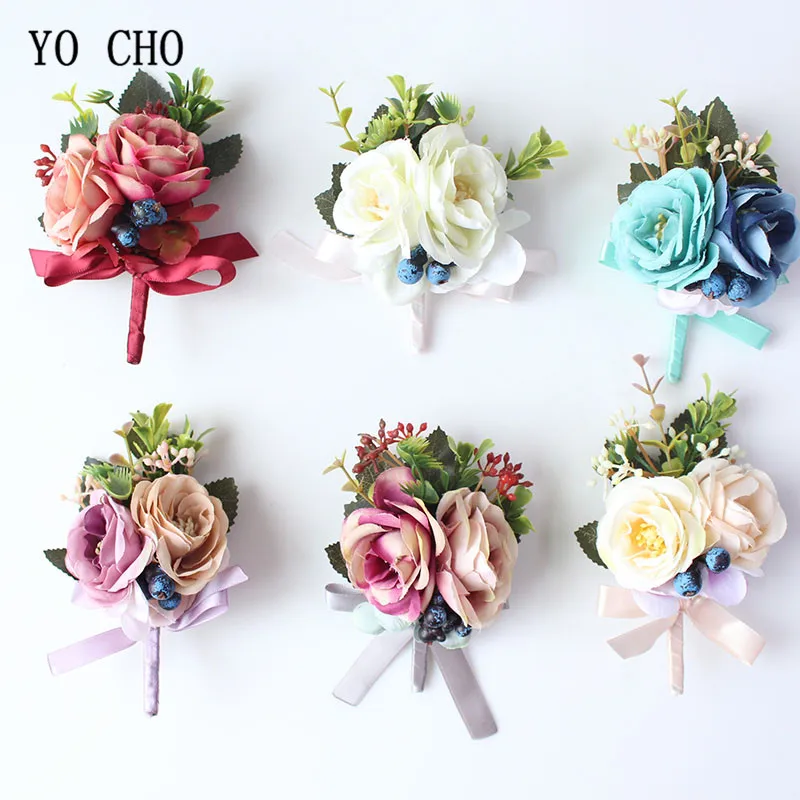 

YO CHO Silk Roses Wedding Wrist Corsages Boutonnieres Flowers White Bridal Hand Flowers Groom Man Buttonhole Marriage Supplies A