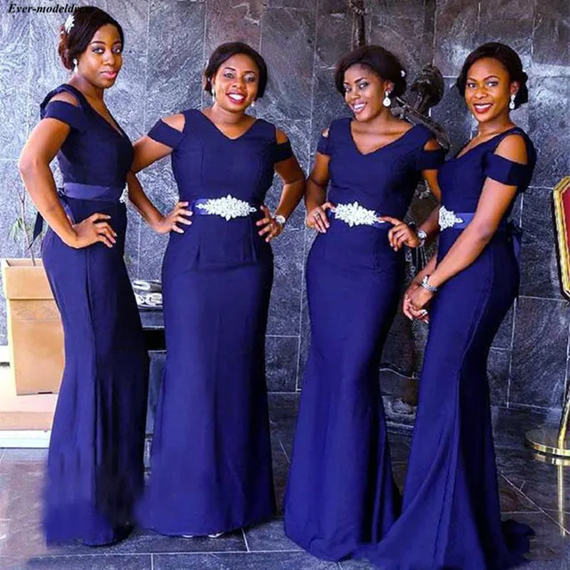 2019 Royal Blue Mermaid African Bridesmaid Dresses V Neck Long Wedding