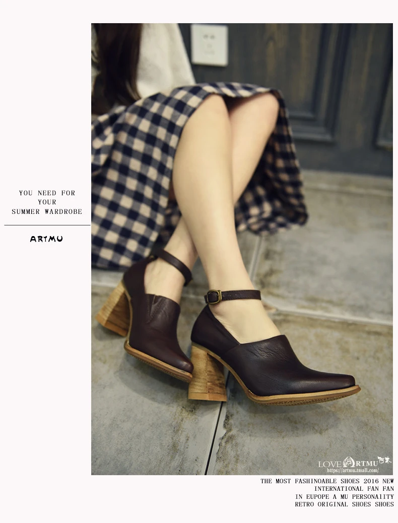 Artmu/модные женские туфли-лодочки из воловьей кожи на высоком каблуке 8 см женские Туфли Мэри Джейн с острым носком и застежкой