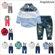 Детские комплекты одежды из 2 предметов для мальчиков г. Весенние повседневные рубашки в клетку+ джинсы на подтяжках штаны, детская одежда с галстуком-бабочкой для мальчиков