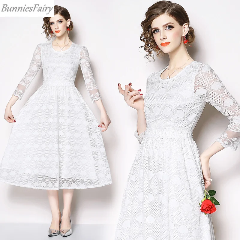 BunniesFairy 2019 Spring Brand Design Women Sweet Princess White Lace Mesh Patchwork Hollow Out Midi Dress Petal Sleeve Party | Женская