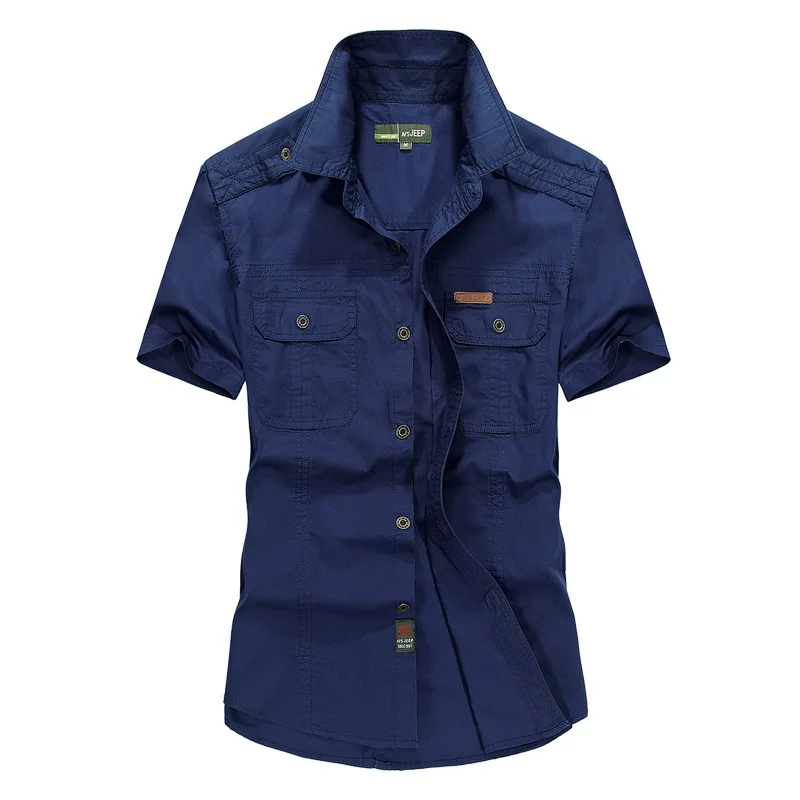 Синий Брендовая джинсовая рубашка для мужчин Camisa Masculina размера плюс 5XL рубашка hombre летняя с коротким рукавом из чистого хлопка повседневная мужская рубашка в стиле милитари - Цвет: Синий