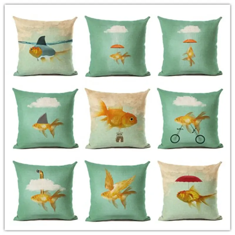 

New Arrival Cute Goldfish Home Decorative Sofa Cushion Throw Pillow Case Cotton Linen Square Pillows