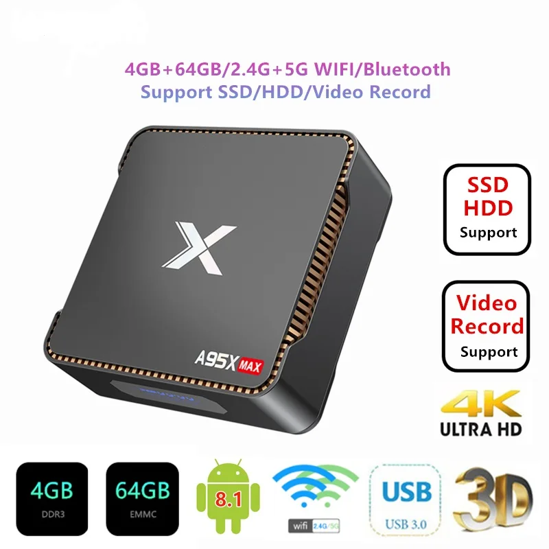 ZK Smart android tv box A95XMAX 4G 64GB Android 8,1 tv box 2,4/5,0G WiFi Bluetooth SSD HDD 1000M Запись видео телеприставка tv