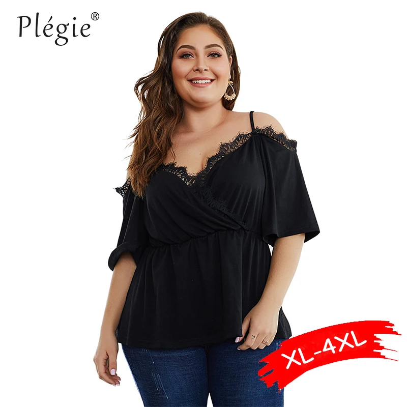 

Plegie Sexy Lace Patchwork V Neck Ladies Tops 2019 Summer New Strap Short Sleeve Pleated Shirts Women Plus Size Top Shirt Black