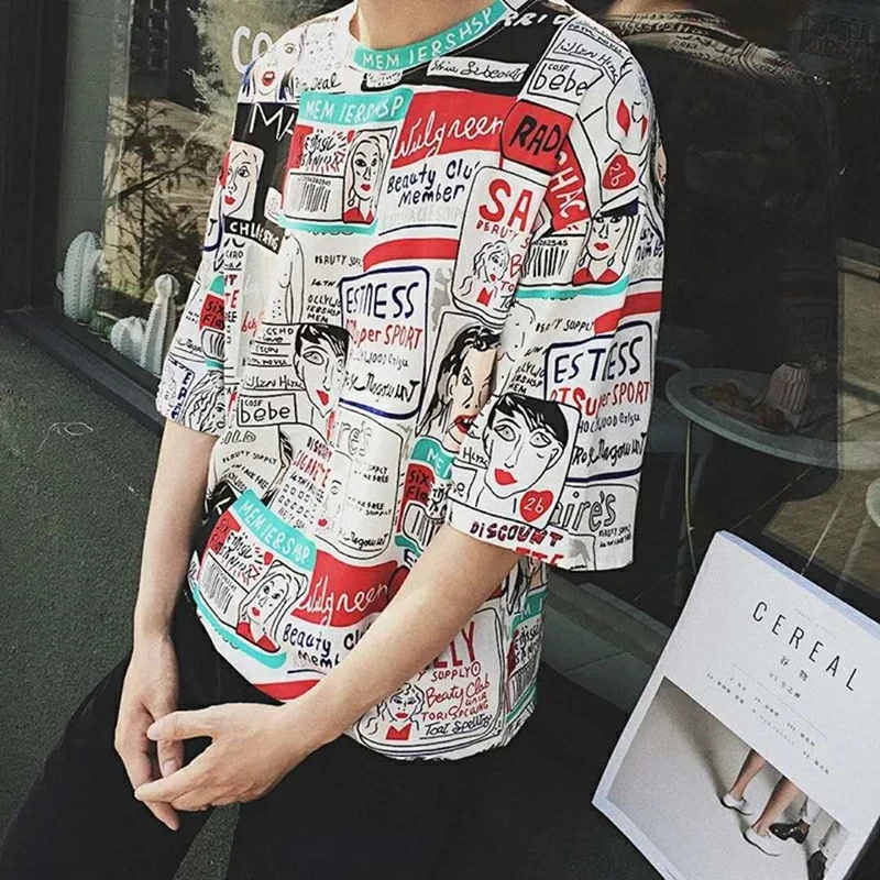 Oversized Mens Graffiti t Shirt Hip Hop Print Hipster Tshirt Men Fashions Street Style  (26)