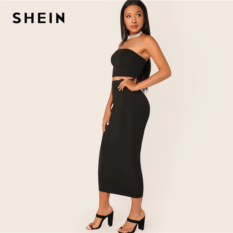 SHEIN/черный однотонный укороченный топ и длинная юбка-карандаш, комплект из двух предметов, приталенная Женский комплект 2 шт., Летний Эластичный обтягивающий комплект из двух предметов в стиле бохо