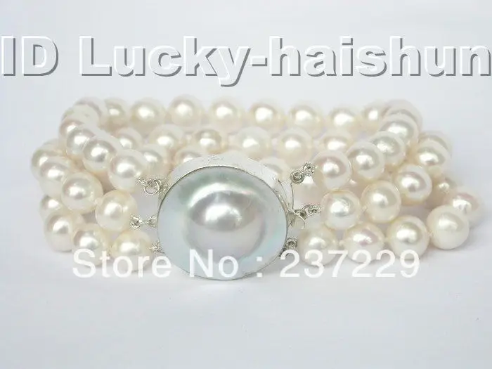 

Wholesale price SHIPPING ^^^^lustrous 3row 9mm round white pearl Bracelet blister 8