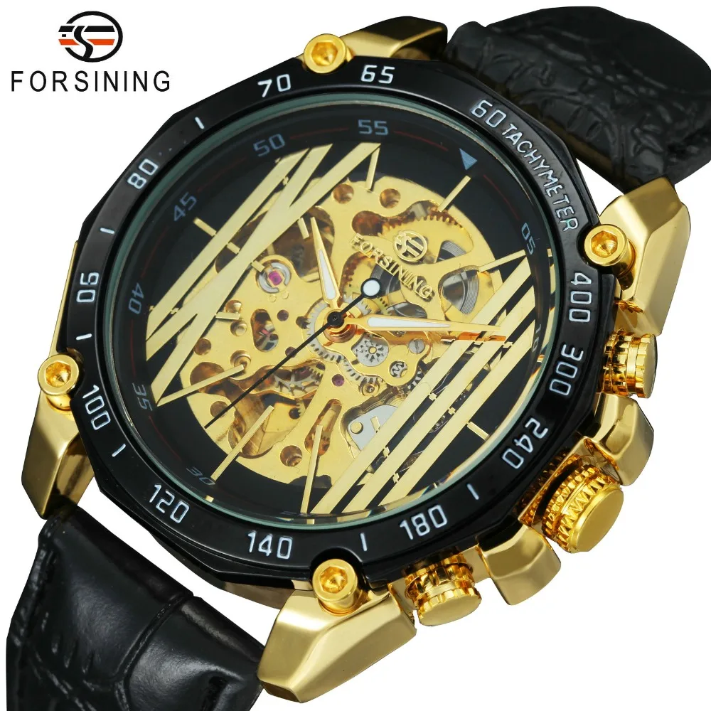 Kopen FORSINING Fashion Auto Mechanische Heren Horloges Topmerk Luxe Lederen Band Onregelmatige Golden Skeleton Horloge Mannen relogio 2018