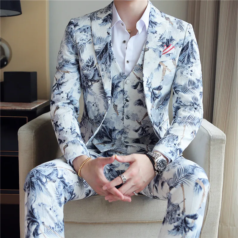 Пиджак+ жилет+ брюки) Высококачественный брендовый Модный свадебный костюм с принтом жениха, костюм для банкета, сцены, выступлений, мужской повседневный костюм - Цвет: 6 Colour