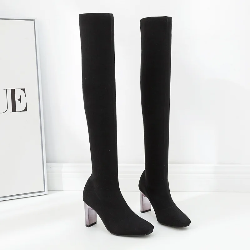

2018 new autumn and winter high-heeled square head thick with boots over the knee stretch women's boots black 0109