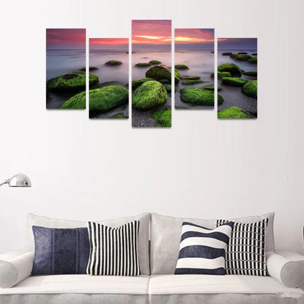 Unframed Painting Canvas Art Living Room Home Decor 5 Pieces/Set Ocean Sunrise And Green Stones