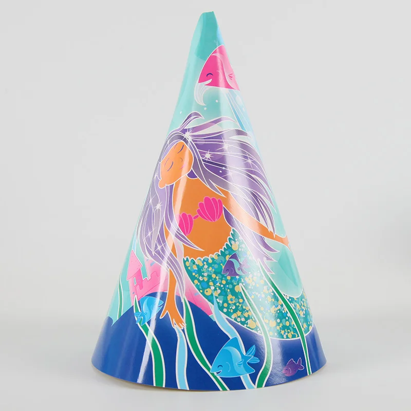 

6pcs Cartoon Mermaid Theme Cute Hat Birthday Paper Cap Disposable Party Tableware Party Cap Colors for Kids Party Supplies