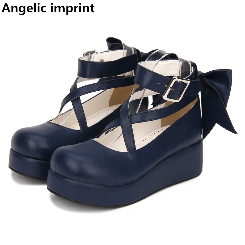 

Angelic imprint woman mori girl lolita cosplay shoes lady mid heels pumps wedges women princess dress party shoes big bowtie 5cm