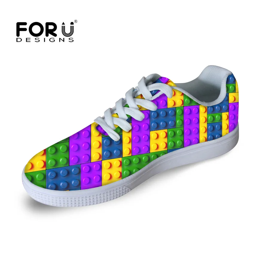 

FORUDESIGNS Fashion Multicolor Puzzle Box Jigsaw Tetris Printed Shoes Men Casual Shoes Male Leisure Lace-up Comfort Flat Shoes