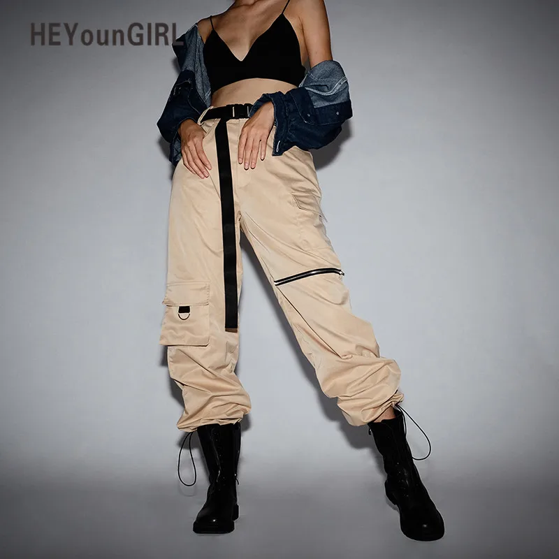 HEYounGIRL Casual Khaki Cargo Pants With Zipper Pockets Elastic High
