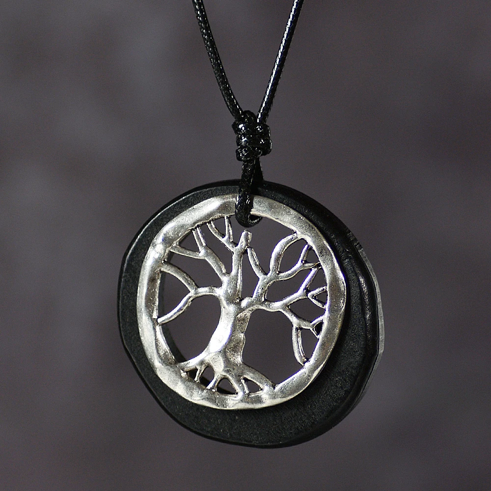 Ethnic Retro Alloy Ebony Wood Pendant Statement Necklace for Women Tree Round Wooden Long