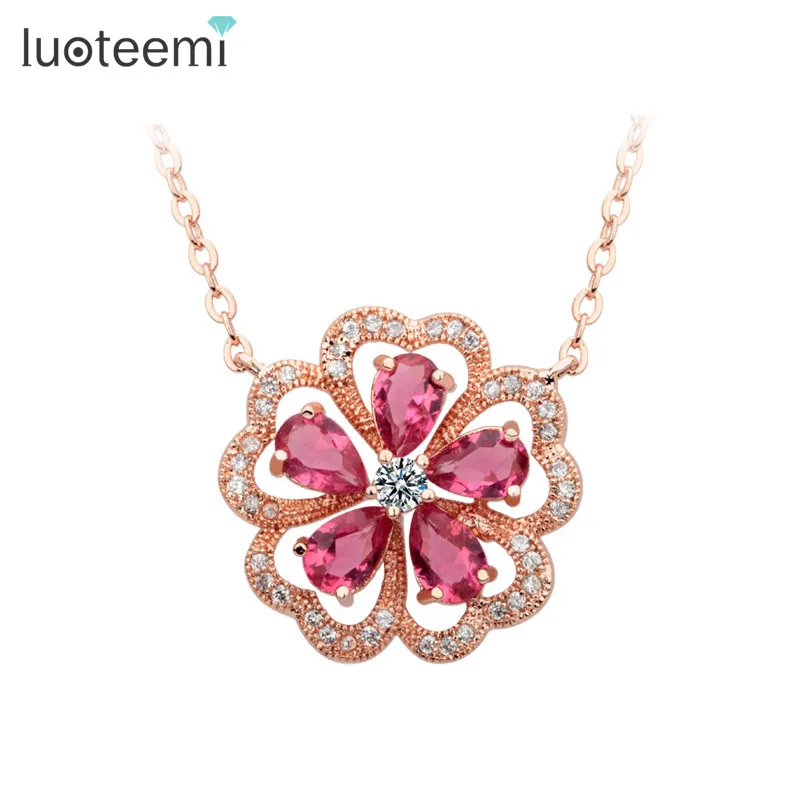 

LUOTEEMI Brand Designer Romantic Flower Pendant with Mirco Cubic Zircon Around Girls Necklace Rose Gold-Color Factory Sale
